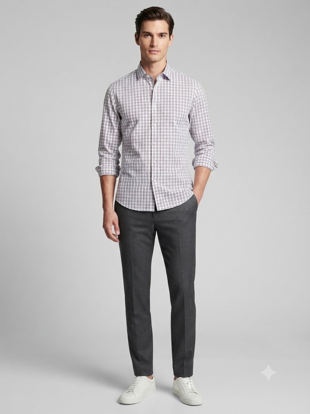 Banana Republic Men's Long-Sleeve Plaid Shirt in Light Gray and Pink
